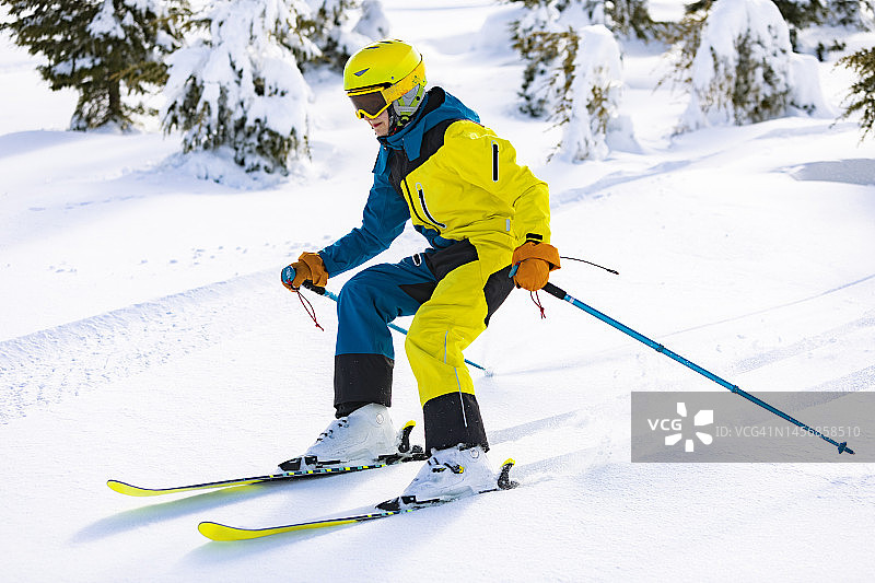 男孩在杉树林中的山里滑雪图片素材