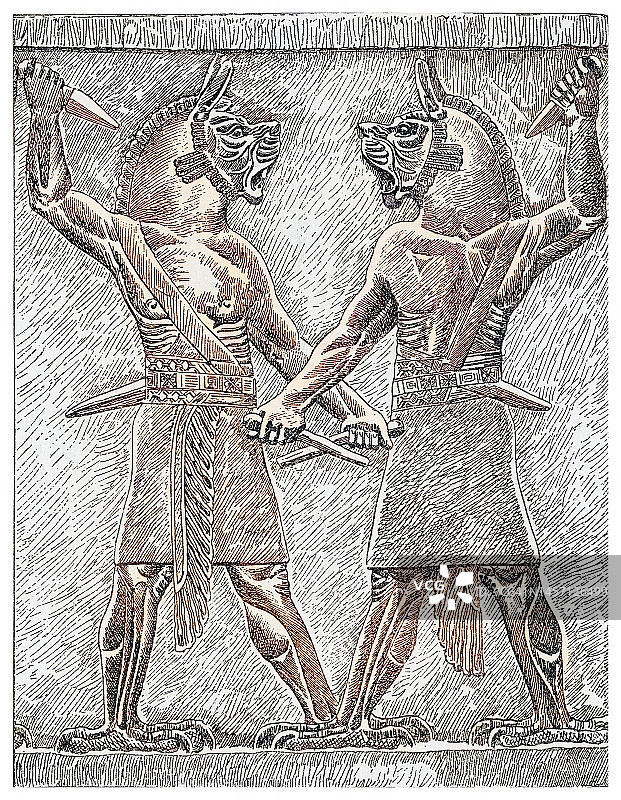 公元前645-635年，尼尼微宫殿中亚述雪花石膏板的古老雕刻插图描绘了一对被称为“ugallu”的保护性精灵——一只保护性狮子图片素材