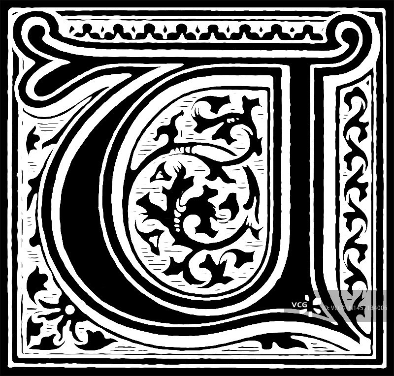 字母U - 精美装饰的老式雕刻插图图片素材
