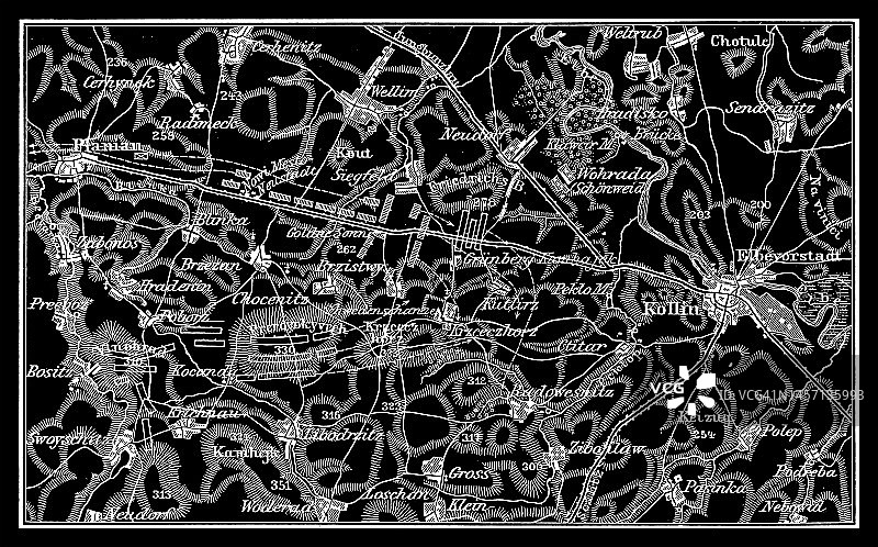 1757年6月18日，科尔林战役的古老雕刻地图显示，在第三次西里西亚战争（七年战争）中，冯·道恩伯爵领导下的54000名奥地利人击败了腓特烈大帝领导下的34000名普鲁士人图片素材