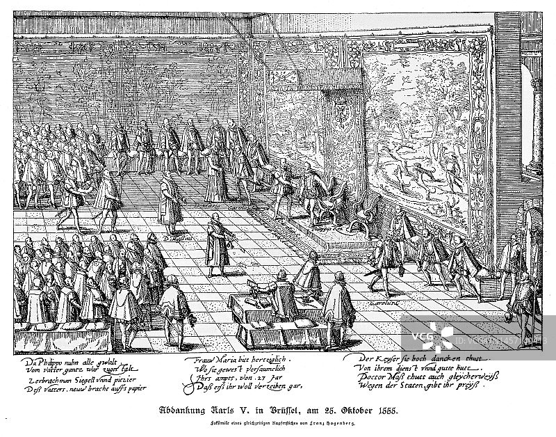 古董雕刻插图：查理五世在布鲁塞尔退位（1555年）图片素材