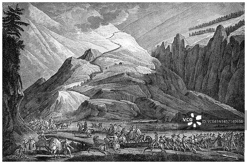 拿破仑率法军穿越阿尔卑斯山古老雕刻插图图片素材