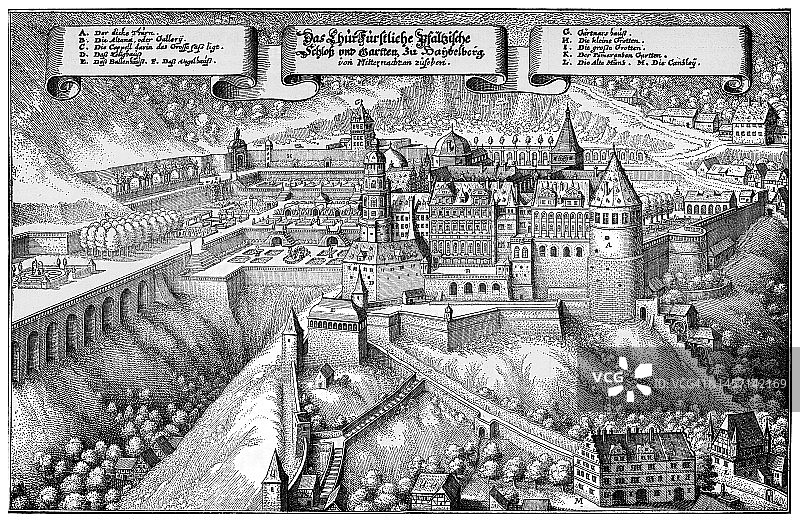 16世纪的海德堡城堡古版画插图，德国海德堡图片素材