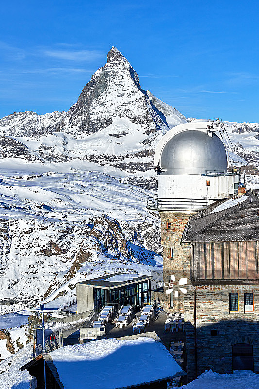 策马特清晨的戈尔内格拉特天文台和马特宏峰，瑞士图片素材