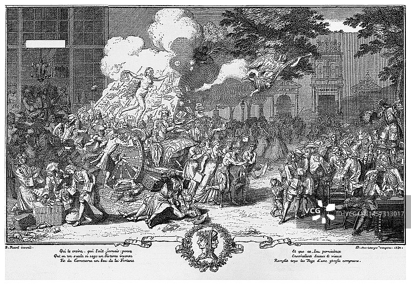 法国摄政时期欺诈和投机讽刺画图片素材