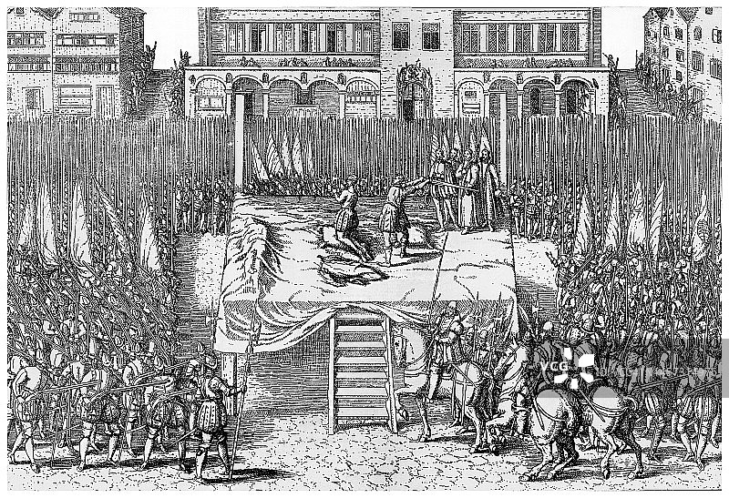 埃格蒙特和霍恩伯爵的古老版画插图：因反对在荷兰设立宗教裁判所而被判叛国罪，并于1568年6月2日在布鲁塞尔被斩首图片素材