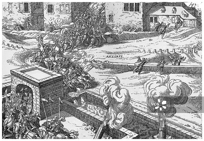 安特卫普之劫或西班牙暴行古版画（八十年战争，1576年11月4日）图片素材