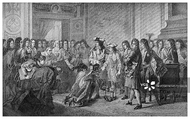 路易十四宣布他的孙子菲利普五世为西班牙国王的古老雕刻插图图片素材