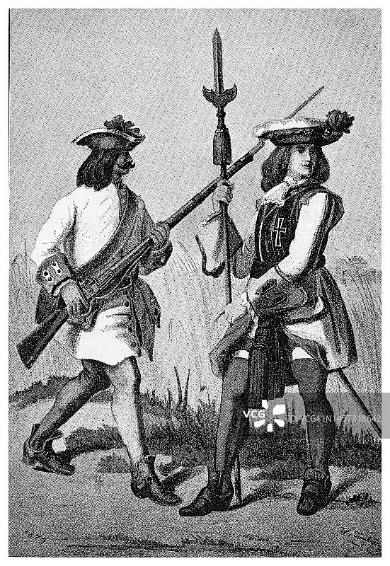 1710年奥地利步兵军装士兵古版画插图：火枪手和军官图片素材