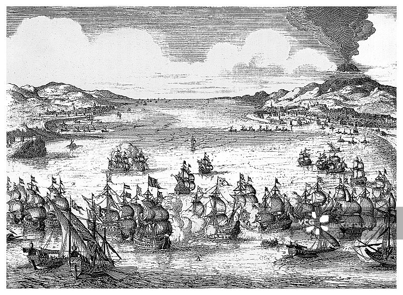卡塔尼亚海战（1676年4月22日）古老版画插图——法荷战争图片素材