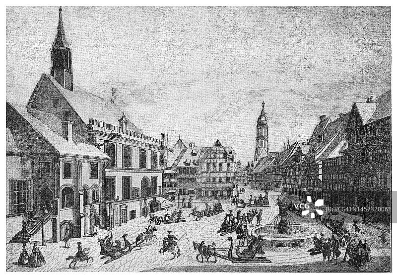 18世纪中期德国哥廷根市场的古老雕刻插图图片素材