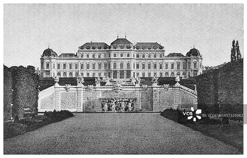 萨伏伊王子尤金（1663–1736）的夏季住宅，贝尔维德宫的古老雕刻插图，由著名巴洛克建筑师约翰·卢卡斯·冯·希尔德布兰特建于18世纪初图片素材