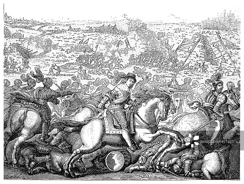 三十年战争：孔代亲王路易·德·波旁在罗克鲁瓦战役中获胜古老雕刻插图图片素材