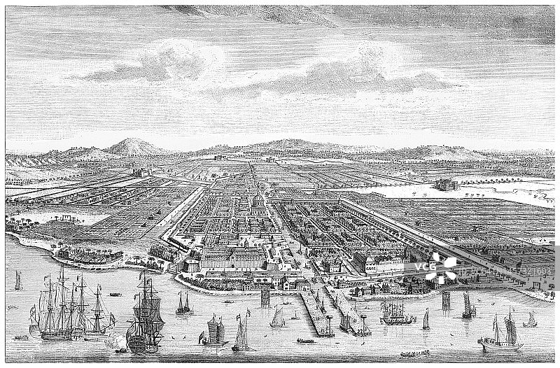 描绘荷属东印度巴达维亚（雅加达，印度尼西亚）景观的古老插画图片素材