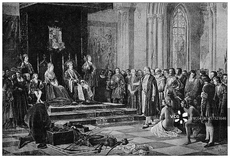 1493年4月，克里斯托弗·哥伦布受到费迪南国王和卡斯蒂利亚的伊莎贝拉一世接见的古老雕刻插图图片素材