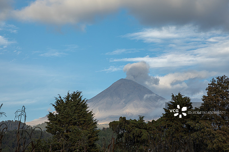 寒冷的一天，波波卡特佩特火山，背景是树木和带云的蓝天图片素材