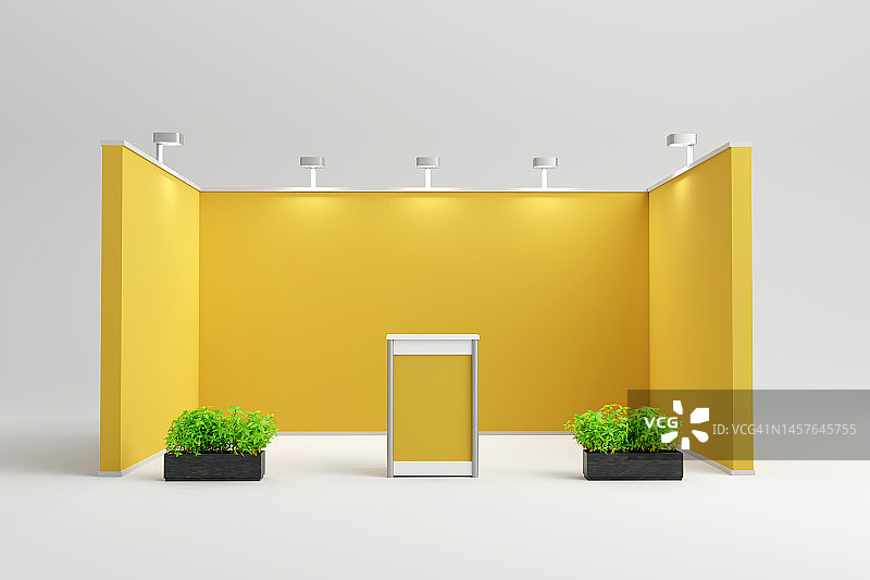 带有黄色空白面板和聚光灯的标准展位，广告展台。3D渲染图片素材