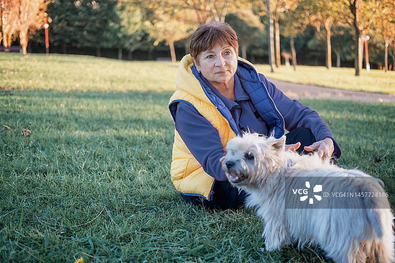中年妇女在公园里和狗一起欣赏日落图片素材