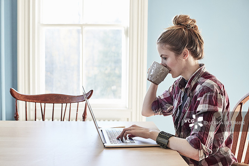 在家用笔记本电脑工作的白人妇女图片素材