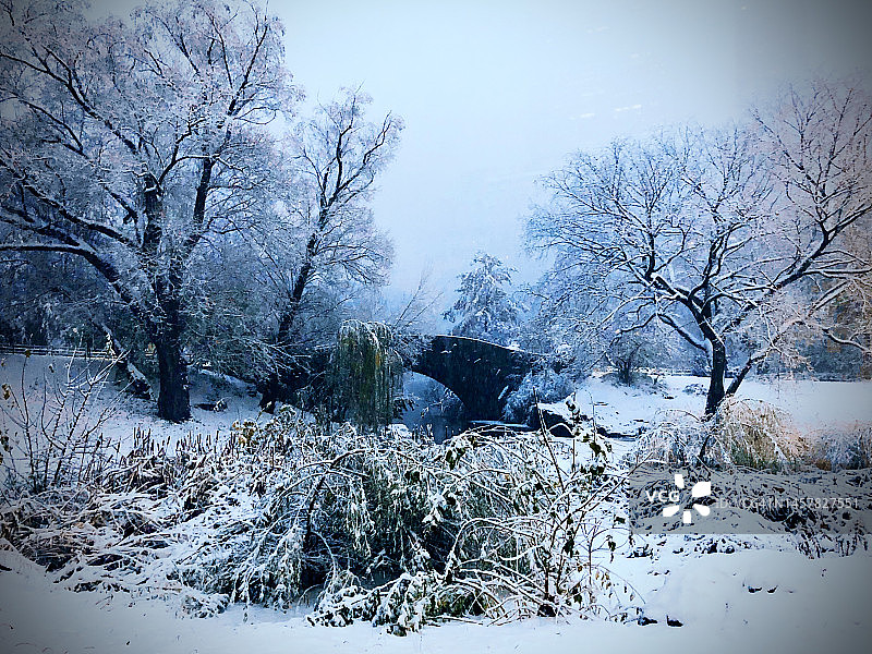 纽约市中央公园的盖普斯托桥，被傍晚的暴风雪覆盖图片素材