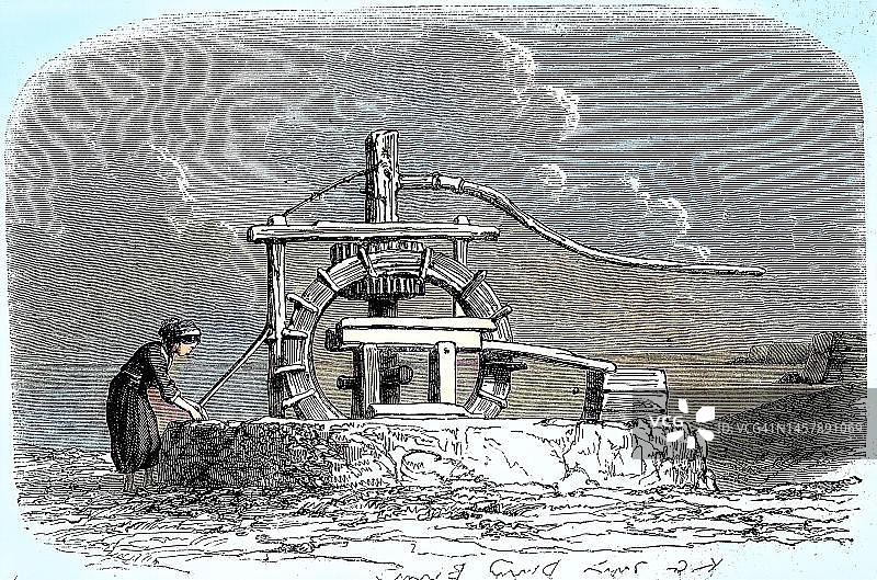 1870年土耳其特拉布宗或特雷比松磨坊的妇女，历史照片，19世纪原始照片的数码修复复制品图片素材