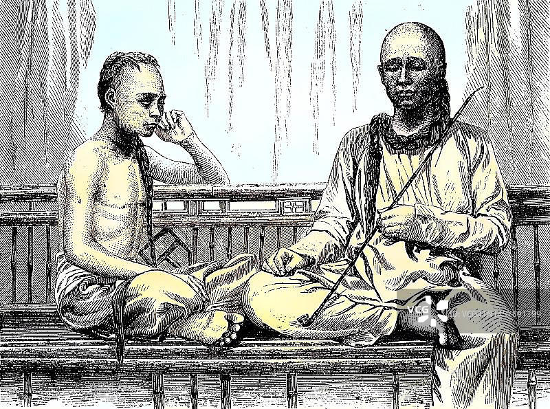 1880年左右，泰国暹罗的佛教牧师和留着长辫子的年轻暹罗人，19世纪原创作品的数字修复复制品图片素材