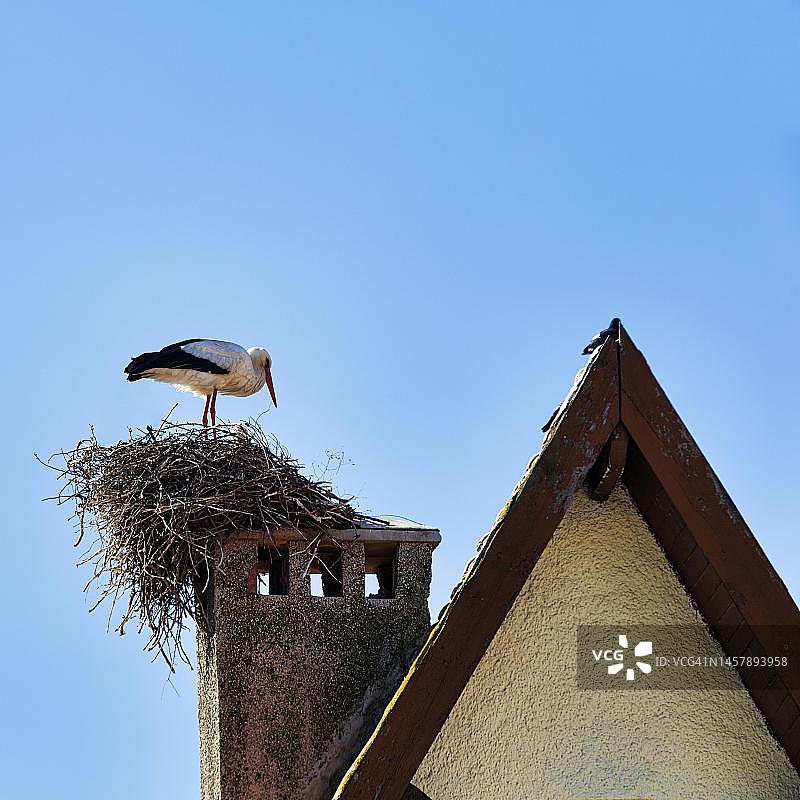 位于非斯-梅克内斯阿特拉斯山脉伊夫兰Tizi Oughmari山墙屋顶烟囱上的鹳鸟巢图片素材