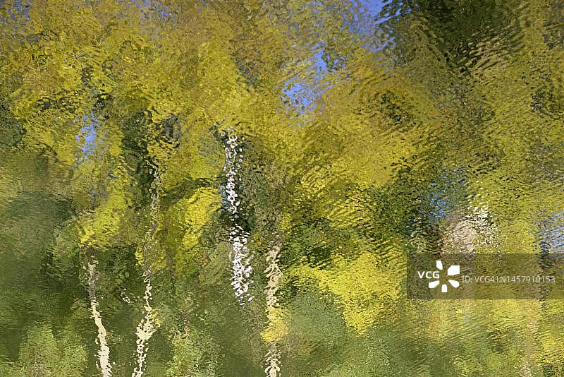 秋叶在迪梅尔湖自然公园起伏水面的倒影，德国黑森州图片素材