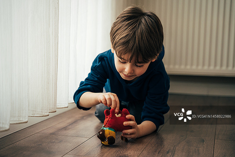 小男孩和他的玩具狗玩耍图片素材