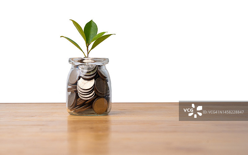 装有钱的玻璃罐中生长的幼苗，硬币和植物生长在成堆的硬币上，为了金融和银行，投资和储蓄概念图片素材
