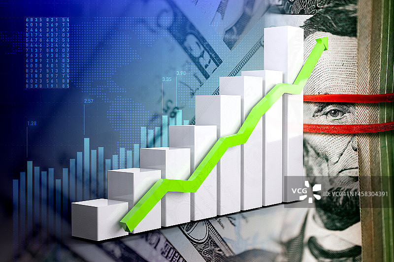 经济增长图：上升箭头、美元现金和股市指标图片素材