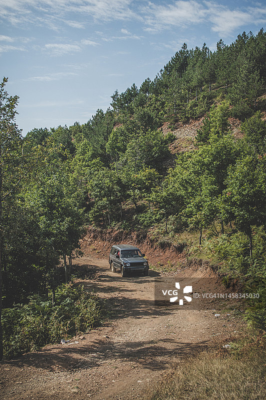 车辆行驶在森林中的土路上图片素材