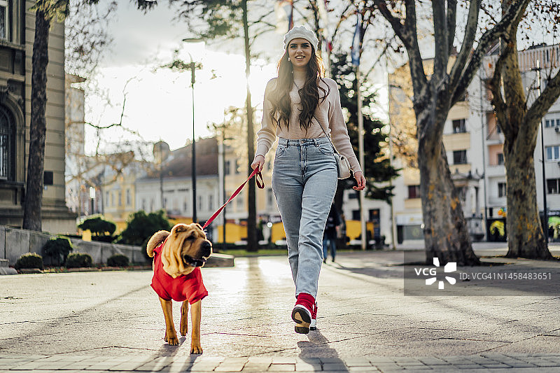 在城市里遛狗的女人图片素材
