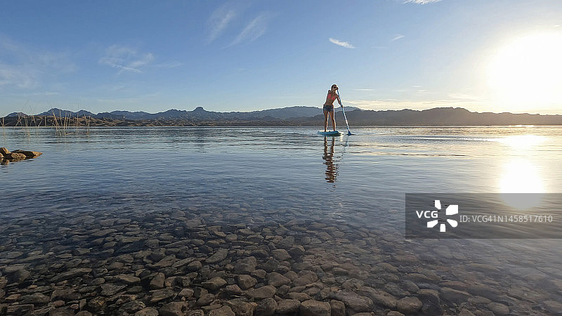 女性桨板冲浪者在平静的湖岸上滑行图片素材