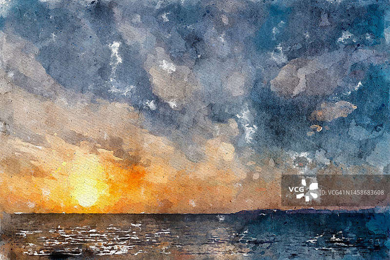 水彩日落海景数字插画图片素材