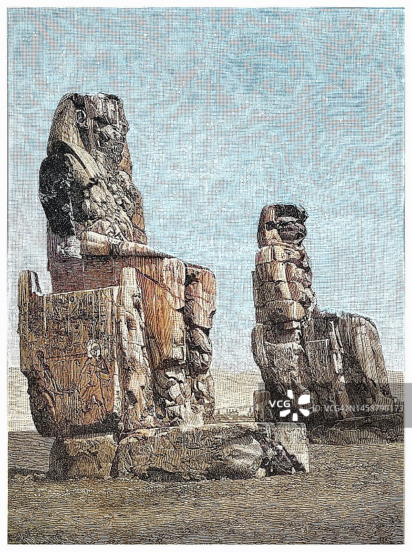 阿蒙霍特普三世巨像古老雕刻插图图片素材