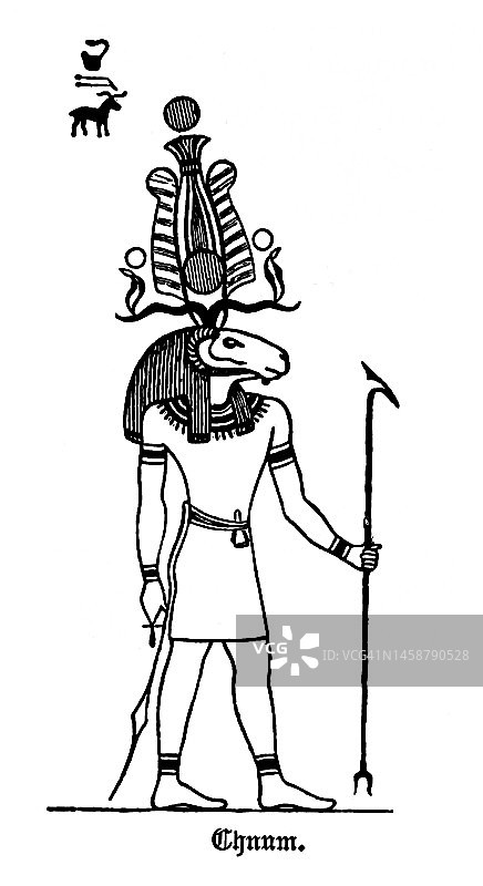 尼罗河源头之神：埃及神赫努姆古董雕刻插图图片素材