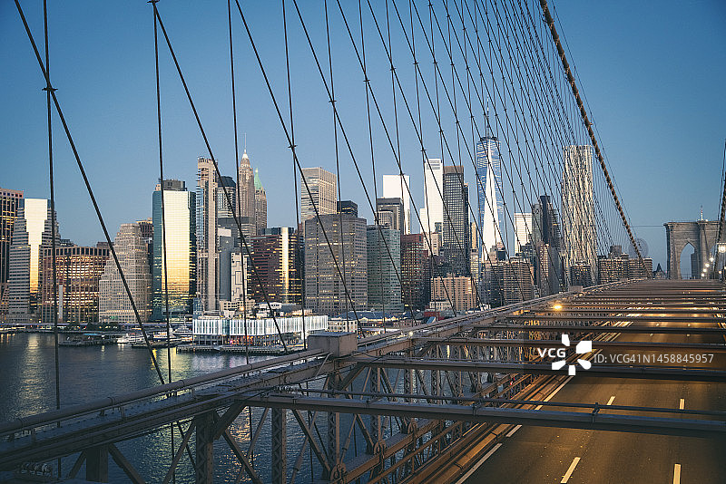 日出时分的曼哈顿天际线，美国纽约市图片素材