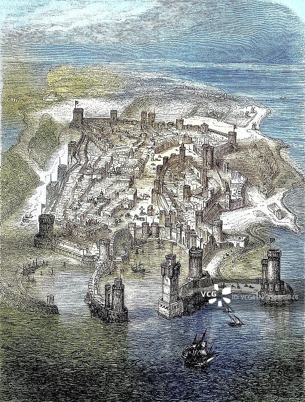 希腊罗德岛上的城镇和港口，历史照片，19世纪原版数字修复图片素材