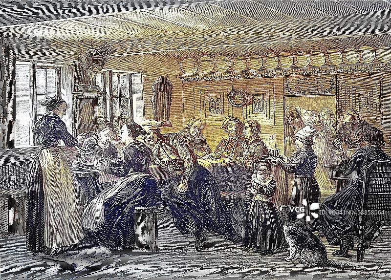 丹麦阿迈厄岛上的旅馆，19世纪历史照片数字修复图片素材