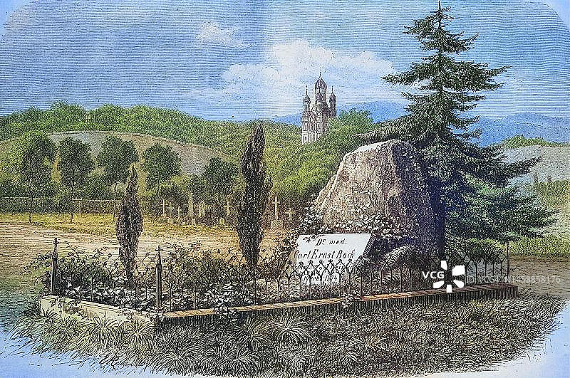 卡尔·恩斯特·巴克之墓，位于德国威斯巴登的墓地，19世纪原版数字化修复再现图片素材