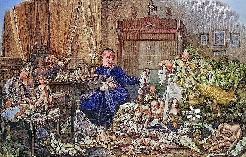 莱比锡的玩偶医生，约1880年，德国，历史照片数字化修复再版图片素材