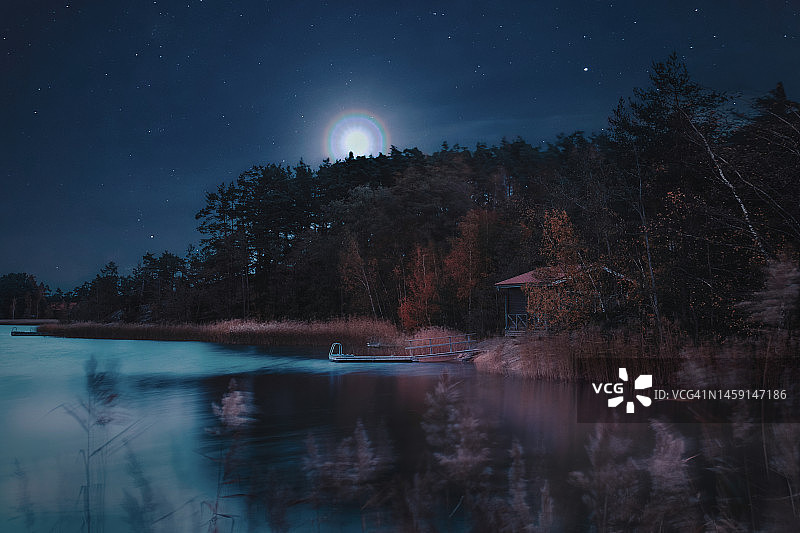 桑拿小木屋、木制码头和秋季森林，被美丽的海景所环绕，群岛夜景。芬兰西部。北欧。图片素材