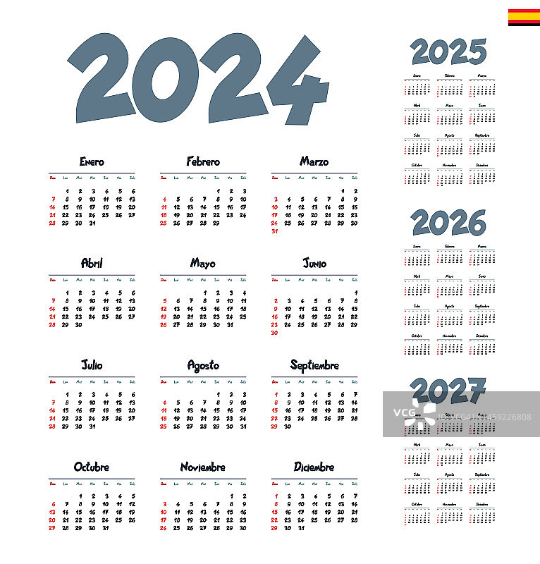 西班牙日历（2024-2027年），星期日为每周第一天图片素材