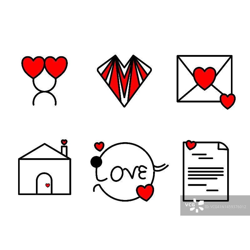 6个爱与情人节概念的图标，在白色背景上隔离图片素材