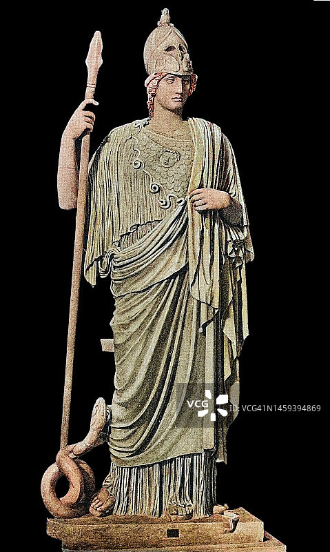 雅典娜·朱斯蒂尼亚尼或密涅瓦·朱斯蒂尼亚尼 - 帕拉斯·雅典娜罗马大理石雕像古版画图片素材