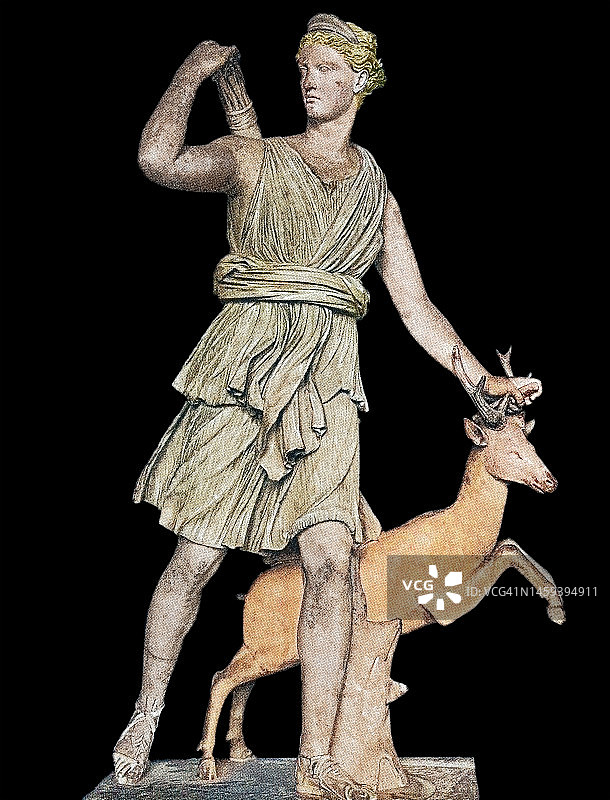 凡尔赛的狄安娜或狩猎女神阿尔忒弥斯古老雕刻插图图片素材