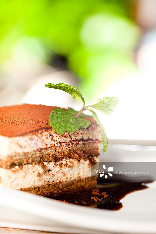 白色盘子上搭配薄荷的巧克力蛋糕图片素材