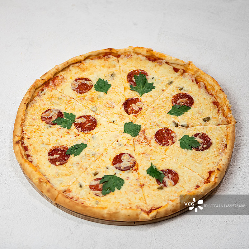 萨拉米意式香肠芝士披萨俯视图图片素材