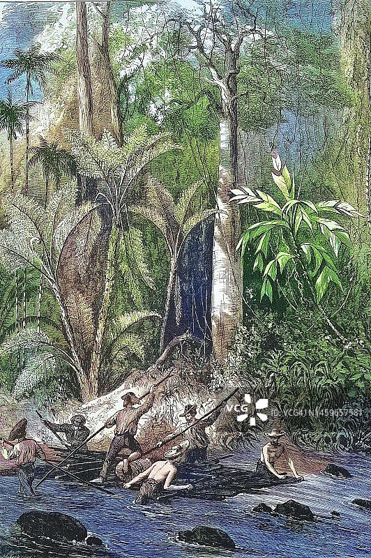 巴拿马地峡道路建设，拉玛河上的木筏，1869年，巴拿马，历史资料，19世纪原版数字修复，确切日期未知图片素材